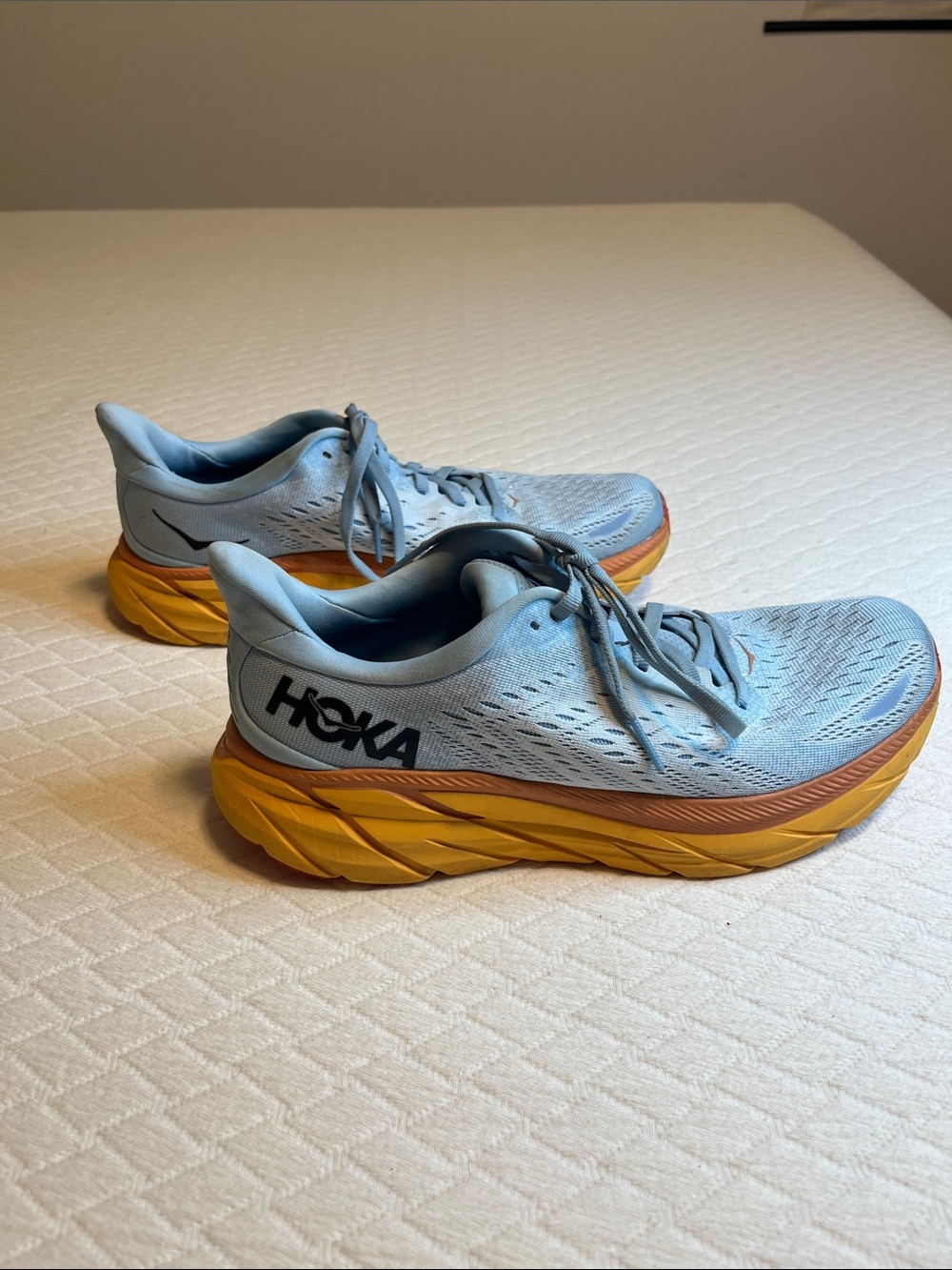 Hoka Clifton 8 Light Blue Lace-Up Runners with Yellow and Orange Midsole, w9.5b